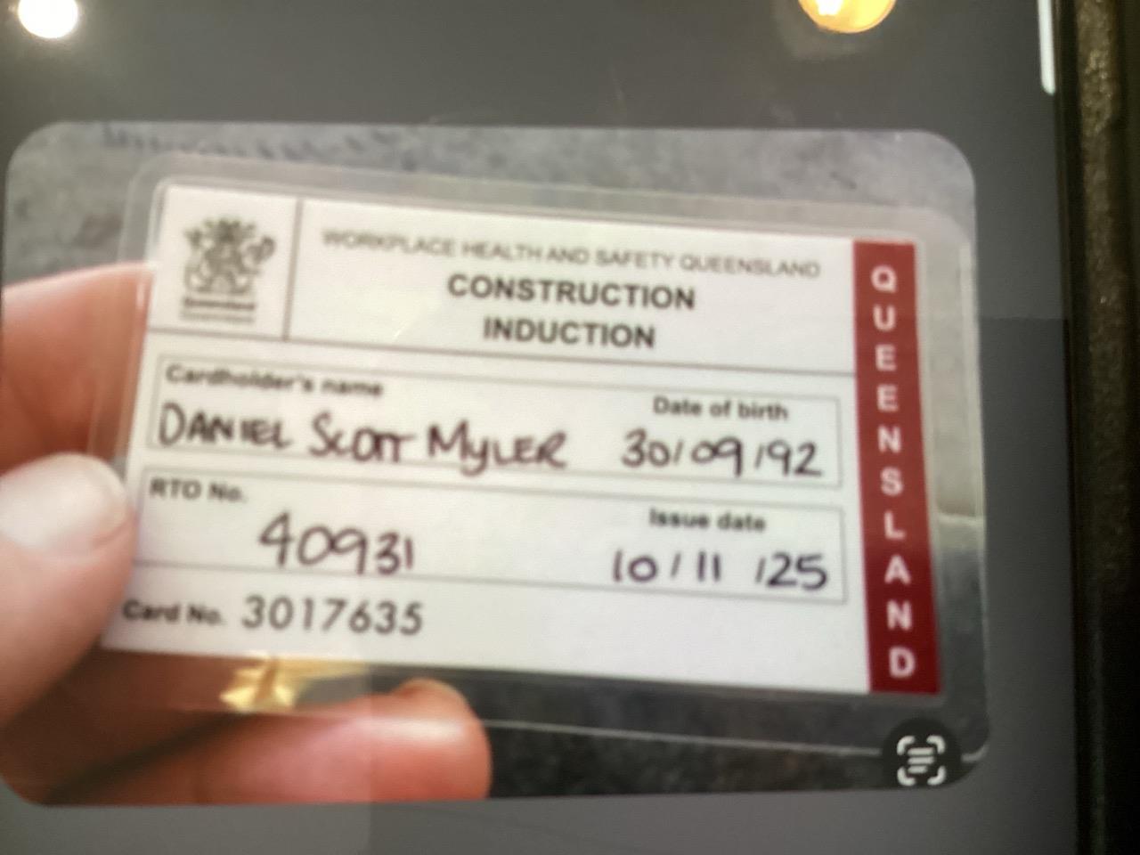 Rear photo of Construction Induction Card Rear photo of Construction ...